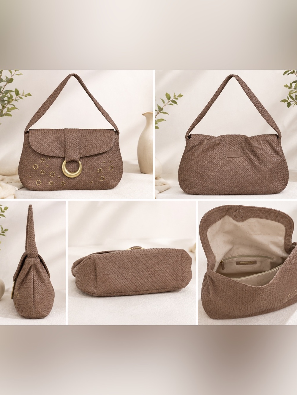 Elliott Lucca Woven Leather Shoulder Bag Taupe Gold Hardware Hobo Purse